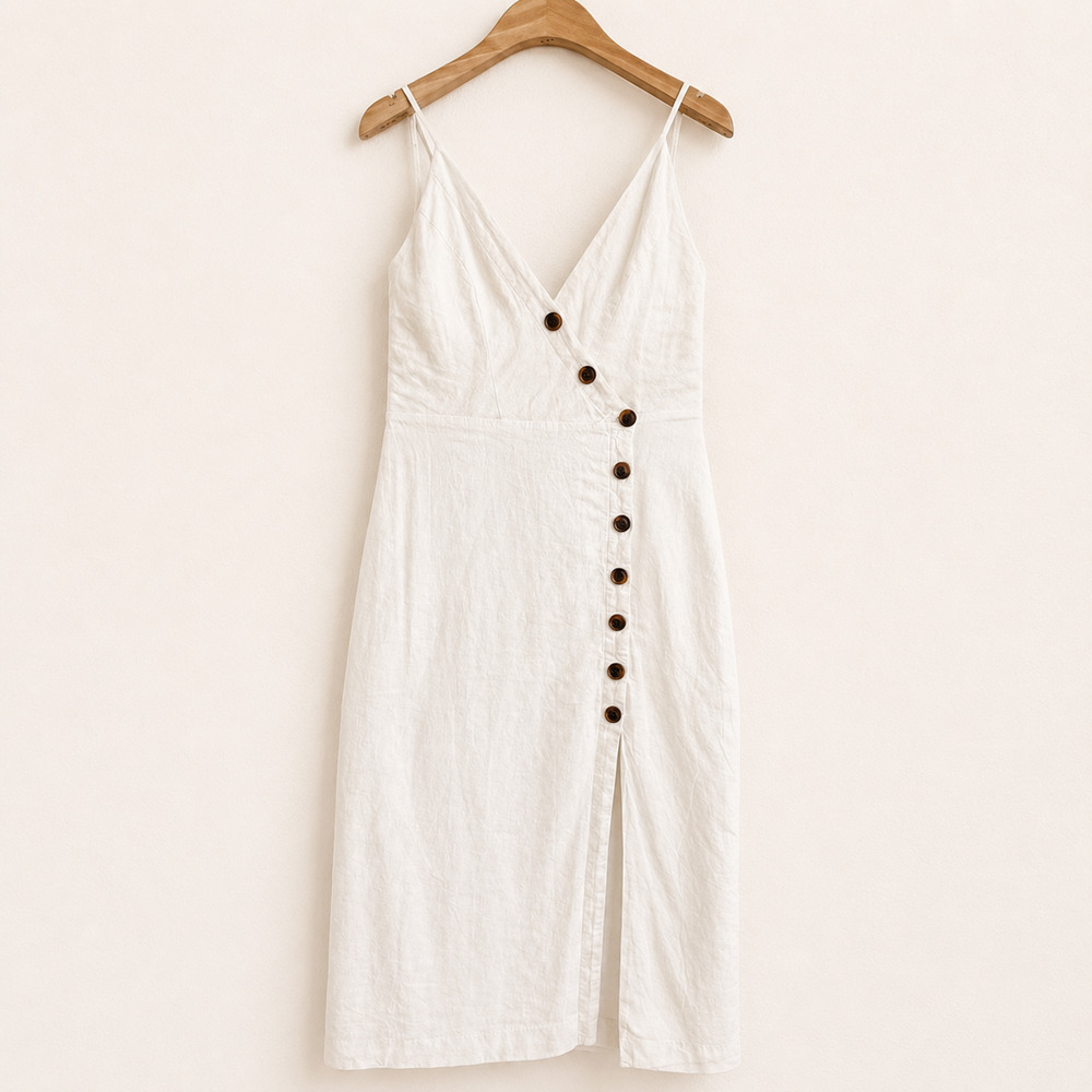 Urban Outfitters Amber White Linen Blend Button Front Midi Dress V Neck Slit SM